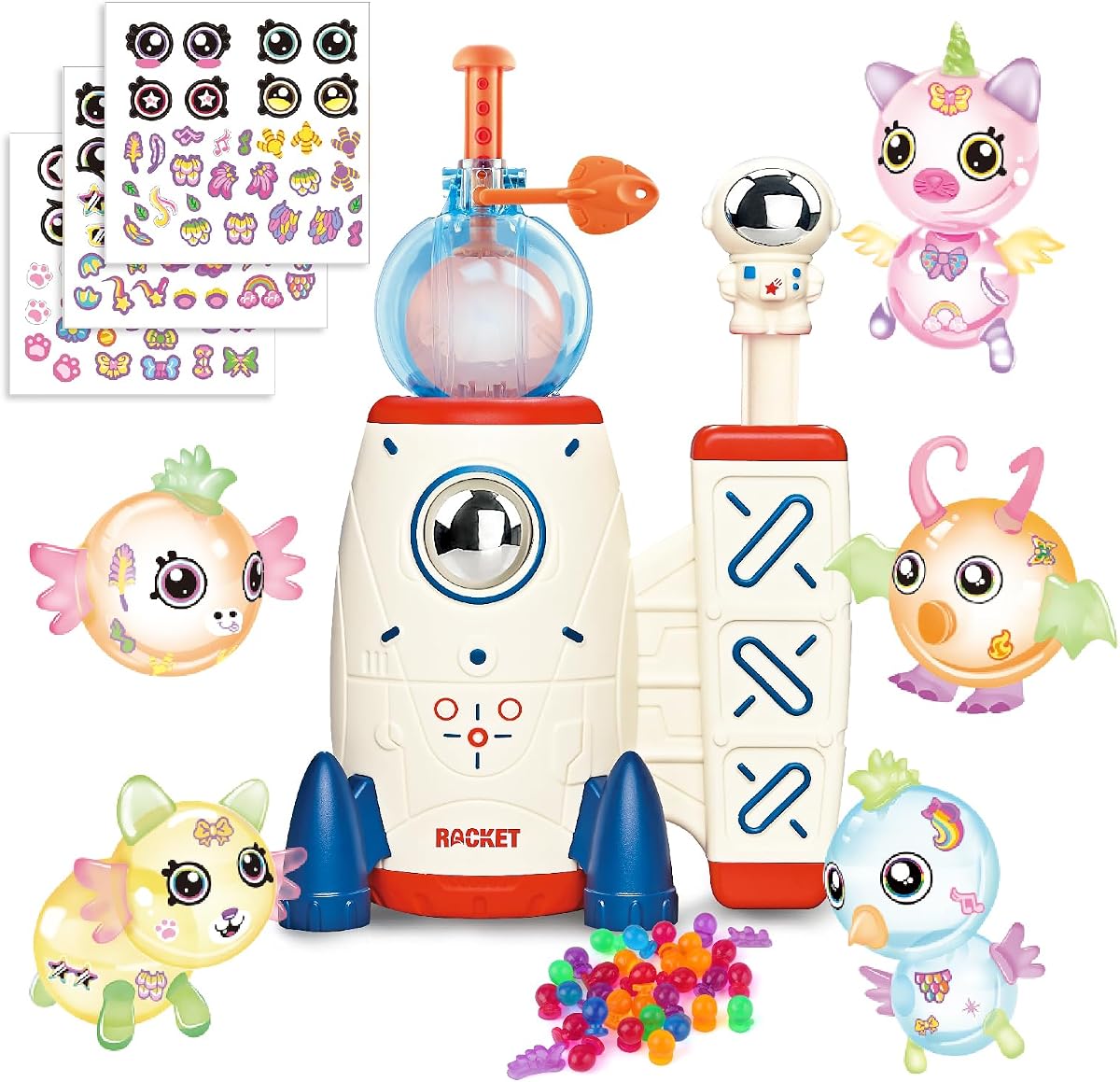 Space rocket sticky balloon kit with pump, wings, eyes and sticker sheets